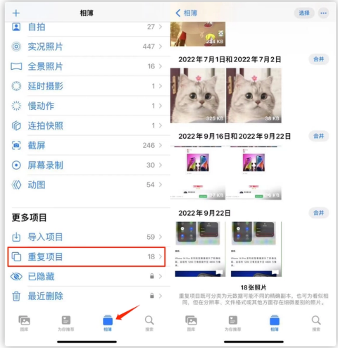 锦江苹果手机维修分享iOS 16 中相册重复项目功能使用方法 